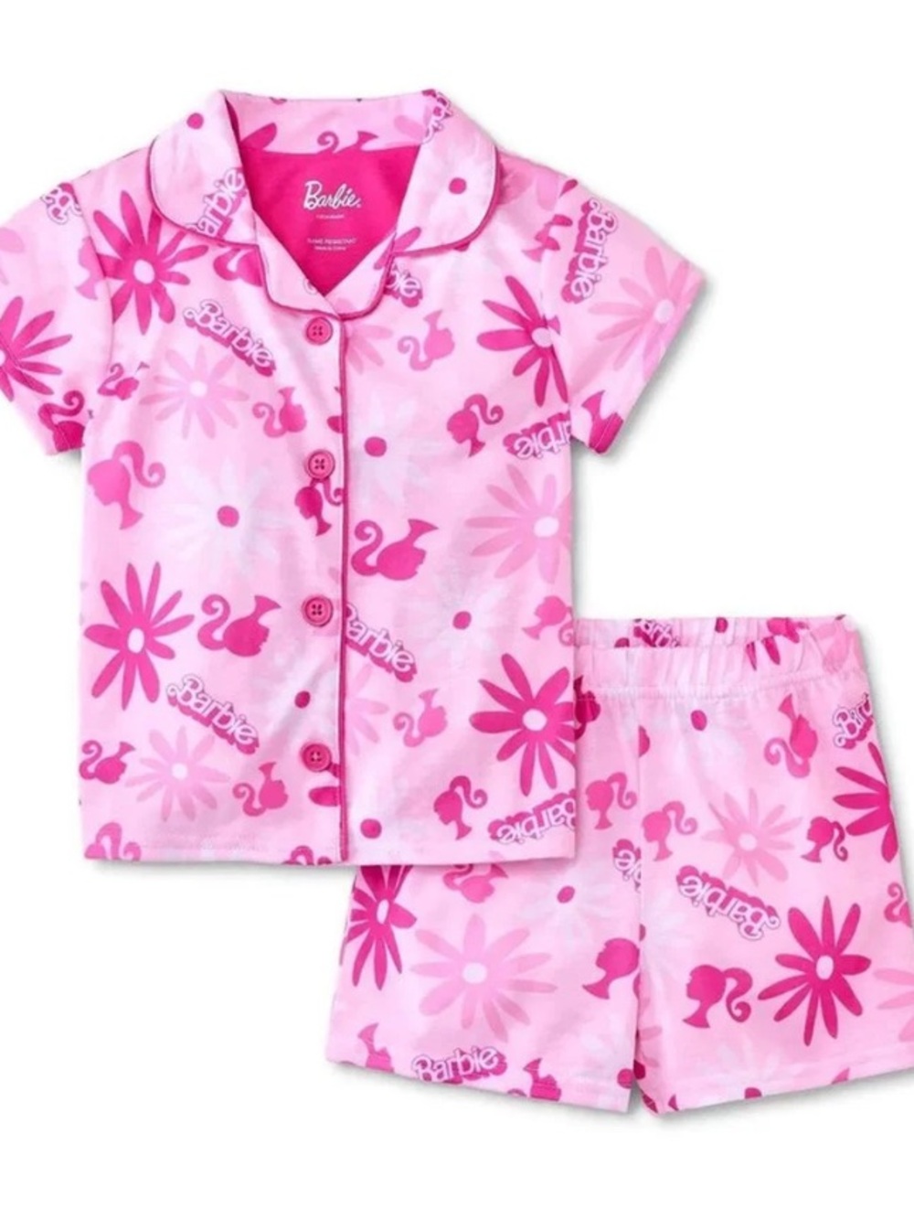 Barbie Pink Floral & Silhouette Short Pajama Set Flame Resistant Size 3T